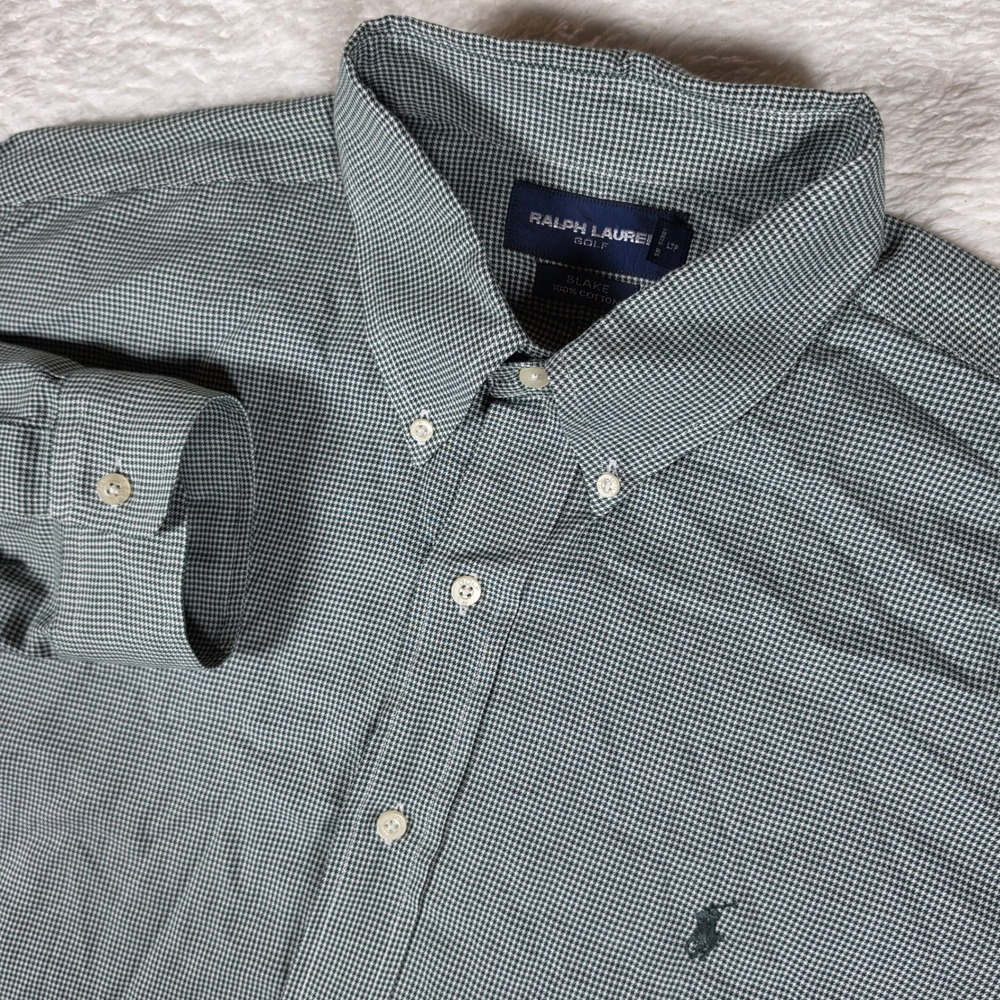 Ralph Lauren Blake Golf Mens XL Green Beige Houndstooth L/S Button Up Shirt